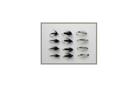12 Wet Flies   Insect Green Black & Peacock Black Spider